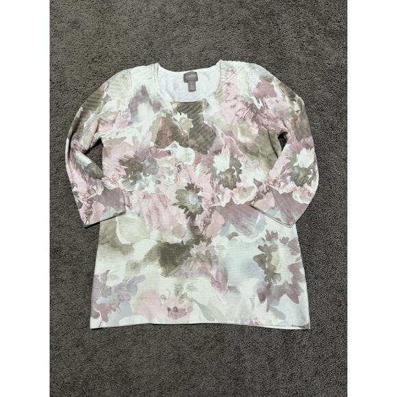 Chicos Size 1 Medium Stretchy Floral Print Pullover Comfy Blouse Top Textured - Picture 1 of 6